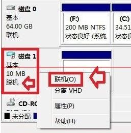 在windows 10操作系统中新加了一个硬盘，但是加装的硬盘在此电脑中无法显示。在通过此电脑打开 计算机管理 在 存储 -- 磁盘管理 中能够看到新加装的硬盘，但却显示  脱机 该磁盘处于脱机状态，因为它与另一个联机硬盘发生签名冲突 该怎么办呢？出现这样的情况我们可按下文的方法进行修复。  方法一：  1、在开始菜单 按下win+x  组合键打开超级的菜单，点击 命令提示符 （管理员）；  图  2、在命令提示符中输入：Diskpart 按下回车键；  图  3、接着输入：List disk 按下回车键按钮；  图  4、查看未联机的磁盘的磁盘号，比如未联机的磁盘为 0，则输入：select disk 0 按下回车键；  图  5、接着输入：detail disk 按下回车键；  图  6、然后输入“Create partition primary size=30720”.其中create partition 表示创建分区。primary表示创建是主分区。如果这个位置是logical：表示逻辑分区，extended：表示扩展分区，然后输入active 按下回车 将该分区设置为活动，最后键入format quick 按下回车键 进行格式化即可！  图  方法二：  1、在此电脑上单击右键，选择 管理 ；  2、在计算机管理左侧点击存储 -- 磁盘管理；  3、在脱机的磁盘上单击右键，选择 联机 即可。  图  当我们遇到windows 硬盘脱机的问题可参考以上方法来修复。